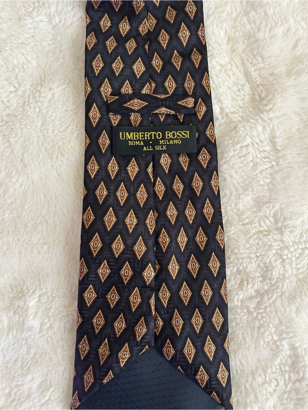 Umberto Bossi 100% Silk Tie – Roma Milano – Navy & Gold Geometric - GUC - Picture 5 of 7